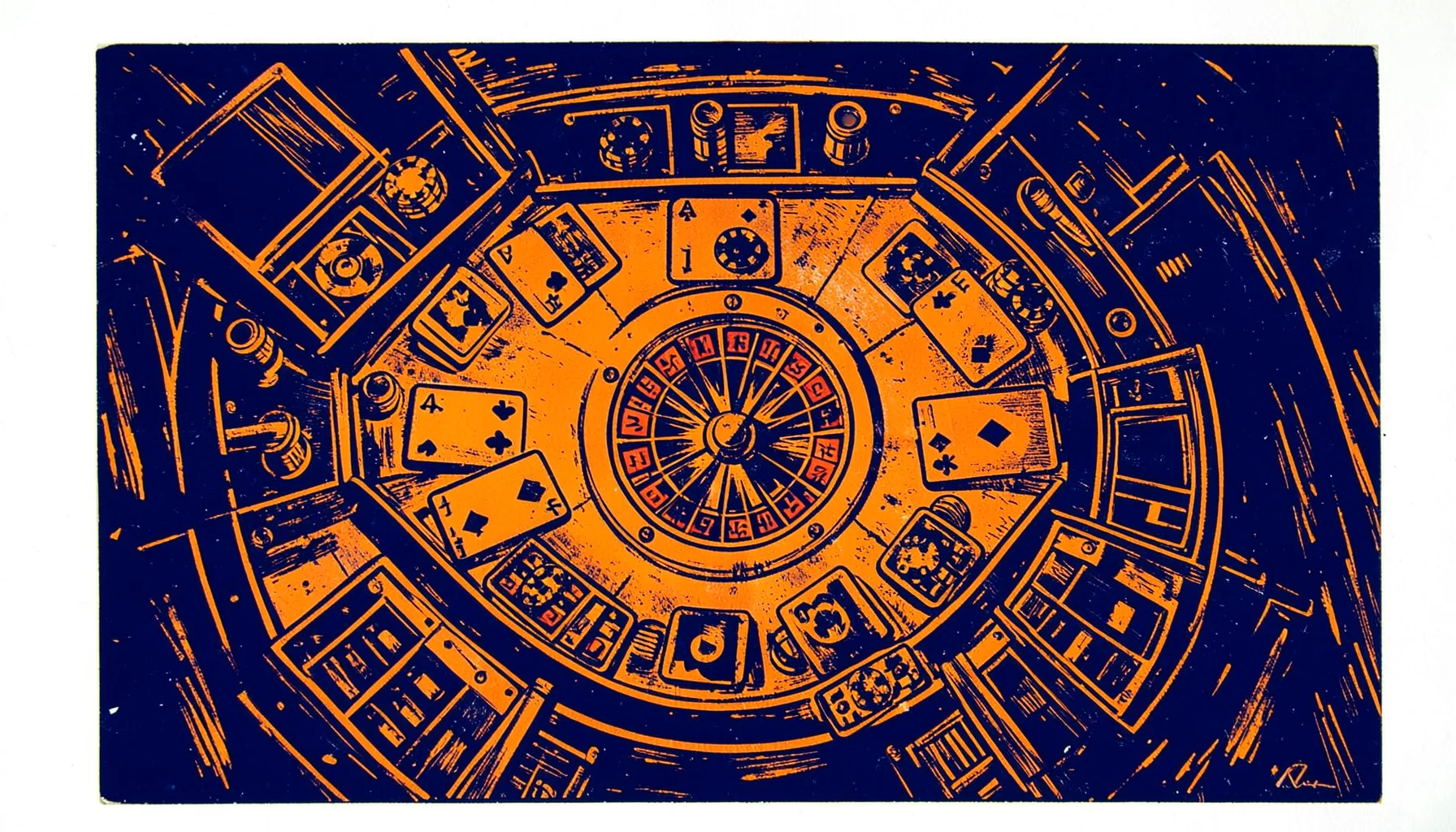 A linocut relief print in deep indigo and warm amber tones, depicting an overhead view of a gaming table with cards, chips, and a felt surface, conveying a refined casino atmosphere.