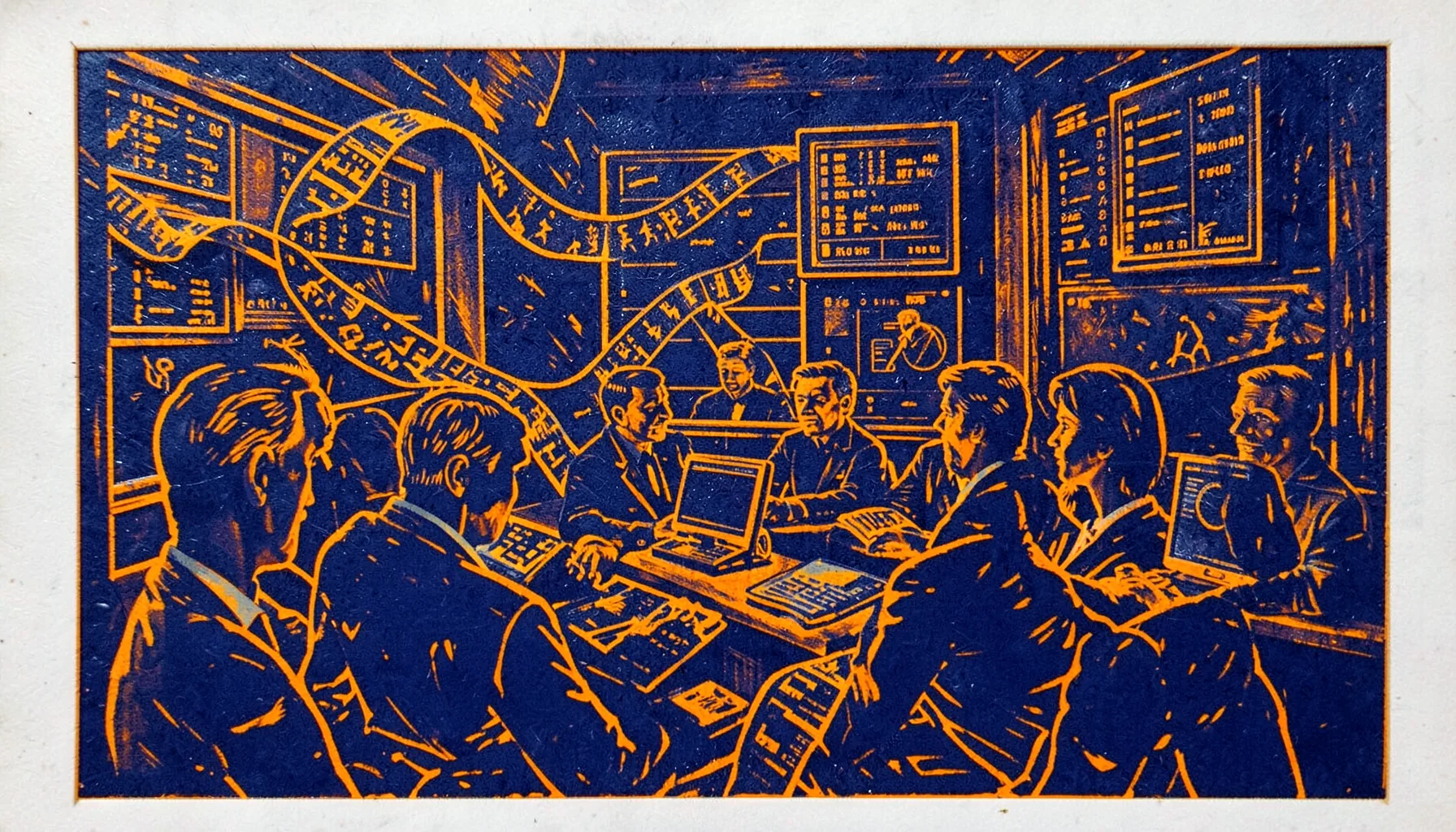 A carved linocut relief print of a dynamic newsroom scene with scrolling ticker tape and glowing data panels, rendered in deep navy and warm amber tones